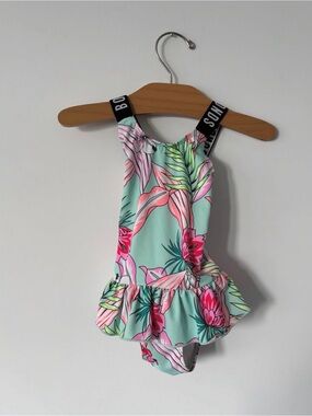 Bonds Mint Floral Ruffle One-Piece Swimsuit with Pink Accents